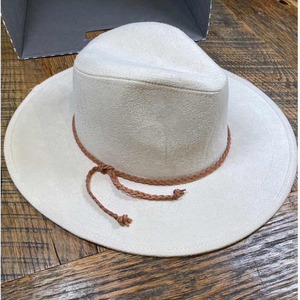 Cream Faux Suede Wide Brim Fedora Hat with Braided Band Cowgirl One Size